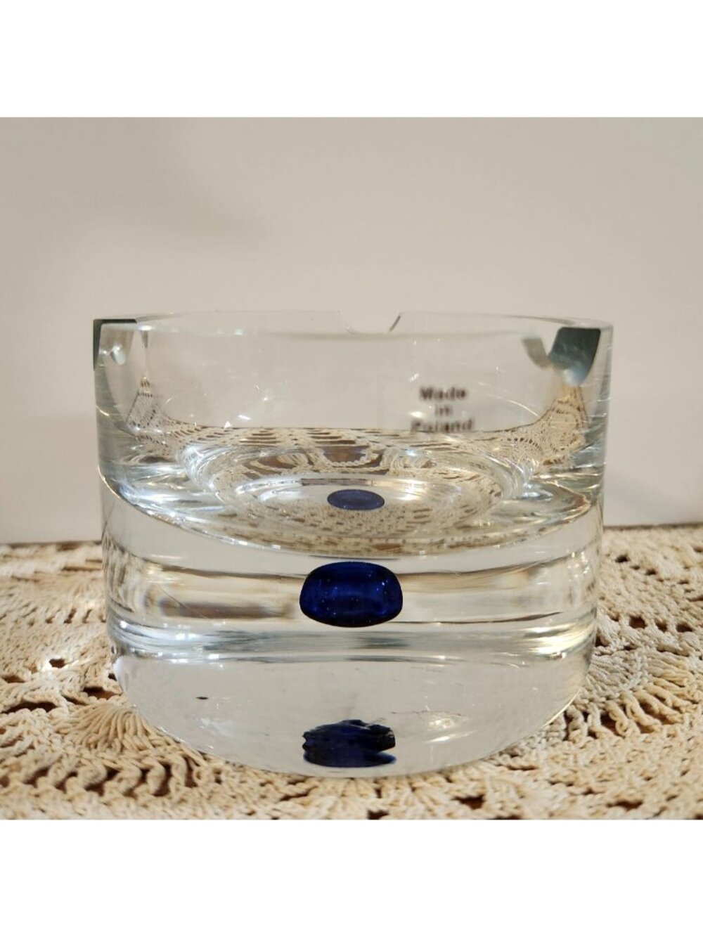 Art Glass Ashtray Controlled Cobalt Blue Bubble Heavyweight Krosnos Poland